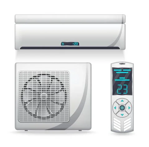 Air conditioner system - realistic set with cooling or heating equipment Illustrazione stock