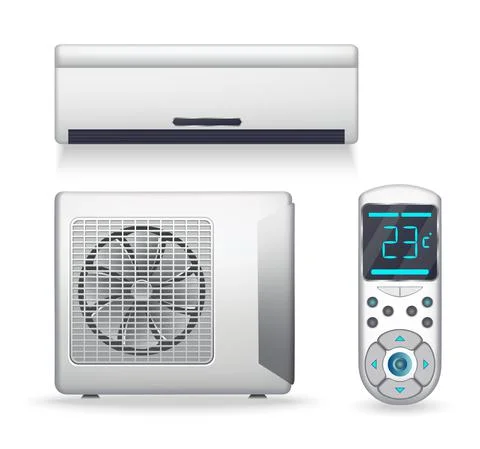 Air conditioner system - realistic set with cooling or heating equipment Stock Illustration