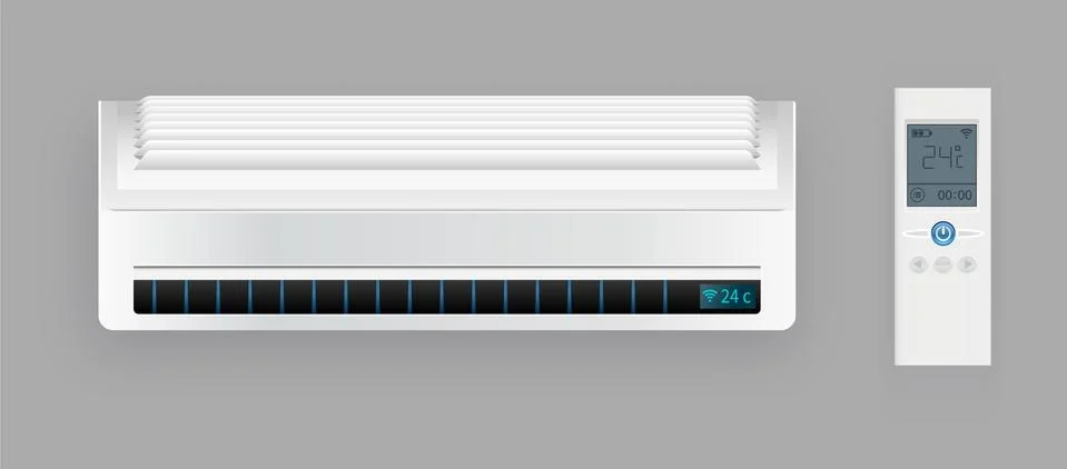 Air Conditioner System With Remote Control Vector. Cooling And Heating Block Of Stock Illustration