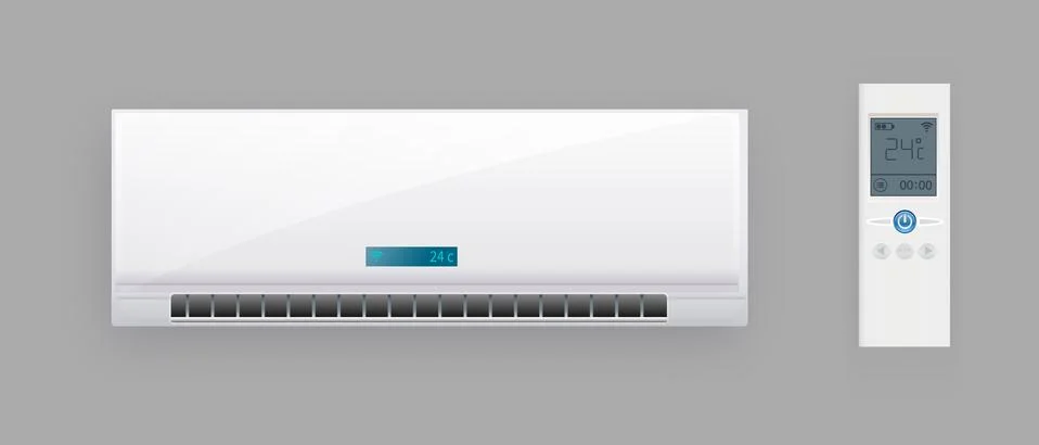 Air Conditioner System With Remote Control Vector. Cooling And Heating Block Of Stock Illustration
