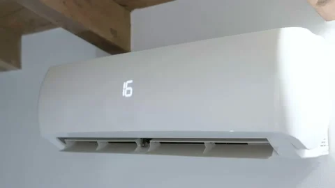Air conditioner system work to refresh home from summer heat,energy consumption Stock Footage 210384804