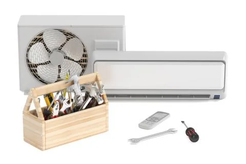 Air conditioner with toolbox and tools. Repair and tech support concept, 3D r Stock Illustration