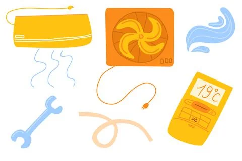 Air conditioners and split system set in cartoon style, isolated on white Illustrazione stock