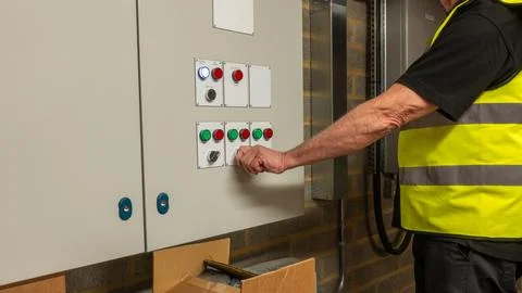 Air conditioning and ventilation engineer changing duty settings Stock Photos