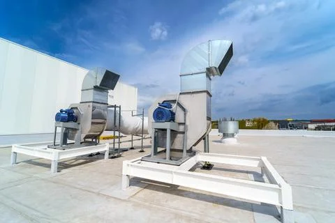 The air conditioning and ventilation system of industrial building on the roof Stock Photos