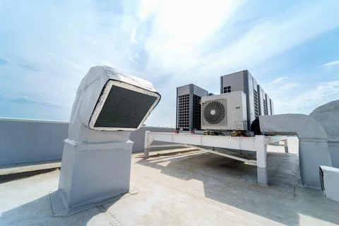 The air conditioning and ventilation system of industrial building on the roof Stock Photos