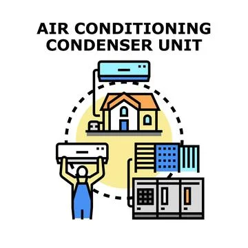Air conditioning condenser unit installing and cooling process Ilustración de archivo