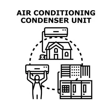 Air conditioning condenser unit installing and cooling process Ilustración de archivo