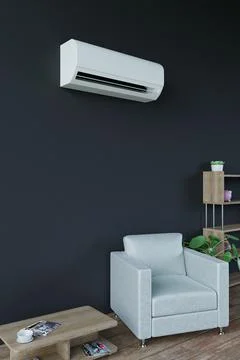 Air conditioning in a dark room with a window, an armchair and a table	3d Illustrazione stock