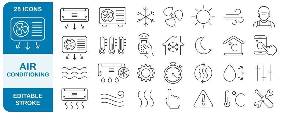 Air Conditioning editable stroke line icon symbol set. Air conditioner thin line Stock Illustration