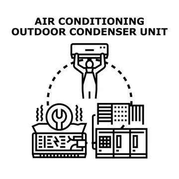 Air conditioning outdoor condenser unit installation maintenance Ilustración de archivo