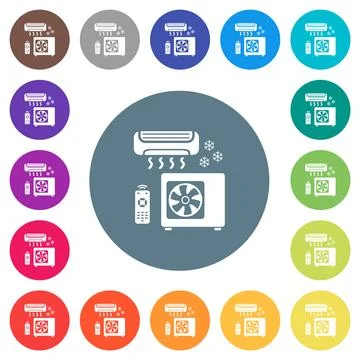 Air conditioning system flat white icons on round color backgrounds Illustrazione stock