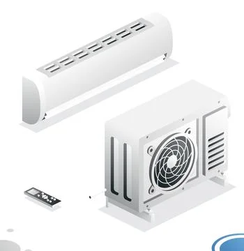 Air Conditioning System. Isometric Concept. Outdoor Unit with Indoor and Re.. Illustrazione stock