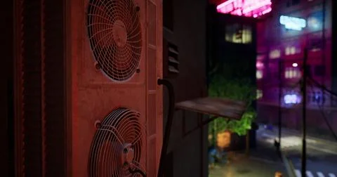 Air conditioning unit overlooking neon lit street at night with trees Ilustración de archivo