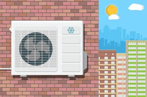 Air conditioning unit on wall of brick building Illustrazione stock