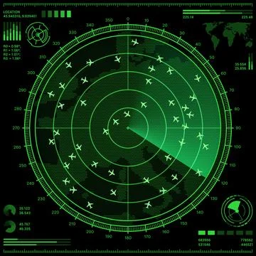 Air control radar screen with airplanes and map Stock Illustration