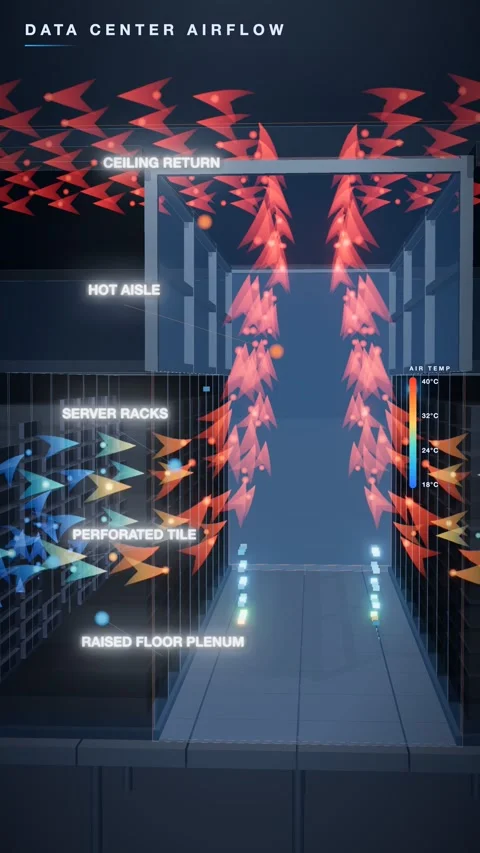 Air Cycling From The Raised Floor To The Ceiling Return In A Dark Server Hall Stockbeeldmateriaal 344375559