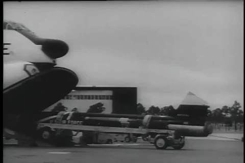 Air Defense Command technicians assemble and service Bomarc missile - 1958 Video stock 99594553