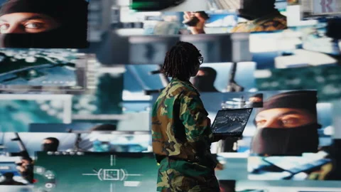 Air defense commander using radar systems on laptop program to detect missiles Stock Footage 318857510