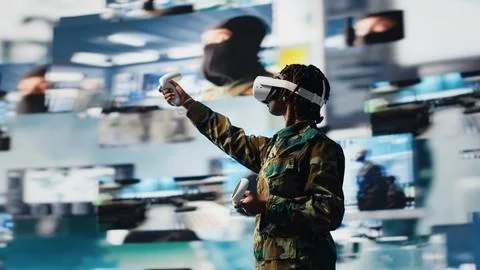 Air defense commander using radar systems and virtual reality tech Stock Photos