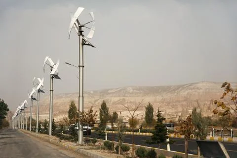 Air Energy Generators With Solar Panel On Street Lights Stock Photos