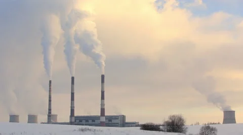 Air environment pollution concept. Smoke or hot steam from tube chimney of po Stock Footage 61338772