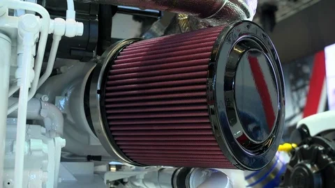 Air filter of a Mercury inboard engine exhibited at the Genoa Boat Show. Stock Footage 85323113
