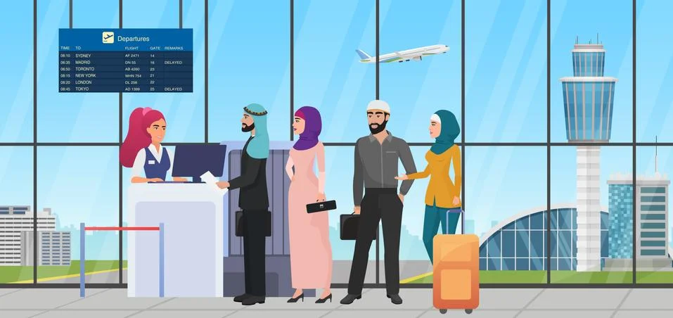 Air flight check queue with saudi arab people, airline worker checking ticket at Stockillustratie