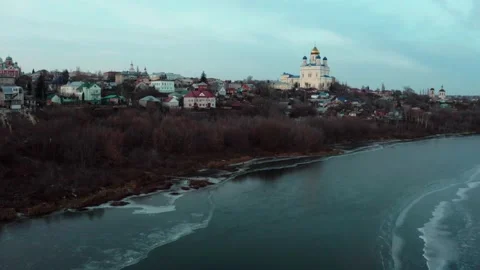 Air flight over the track in the background of the church Stock Footage 194453964
