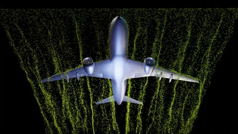 Air flow around airplane . Horizontal wind particle flow. 3d animation render Stock Footage
