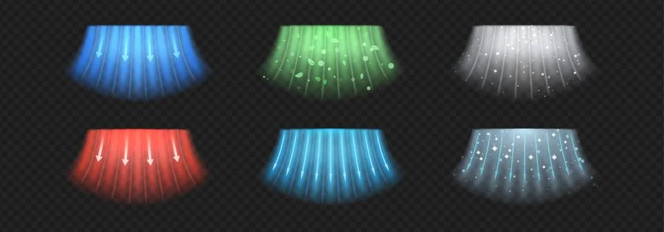 Air flow vector set, arrows wind direction of air movement, cold and hot streams Stock Illustration