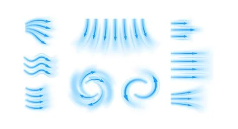 Air flow vector set, blue arrows showing wind straight, swirl and wave direction Stock Illustration