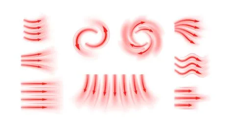 Air flow vector set, red arrows showing wind direction of air movement, straight Stock Illustration