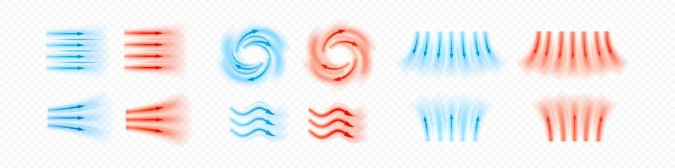 Air flow vector set, red and blue arrows wind straight, swirl and wave direction Stock Illustration