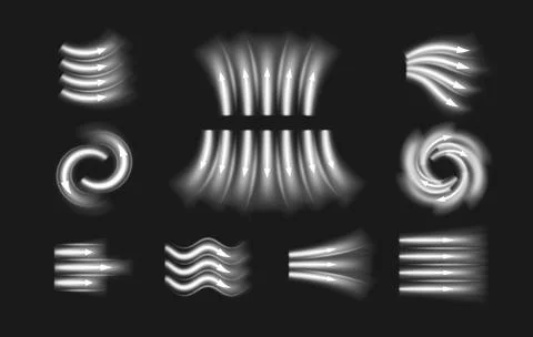 Air flow vector set, white arrows showing wind straight, swirl and wave 스톡 일러스트