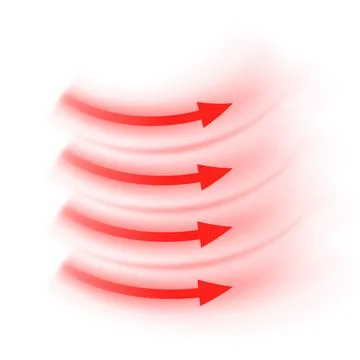 Air flow, wave red arrows showing wind direction of air movement, vector curve Illustrazione stock
