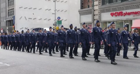 Air Force Airmen, different ranks of Airforce. Marching at Veterans Day Parade Stock-Footage 215855053