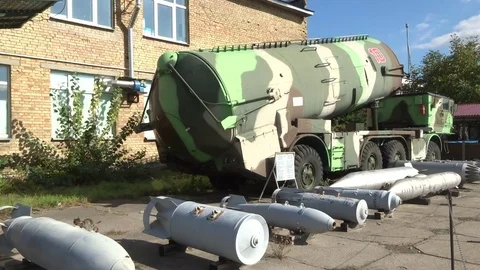Air force base : Bombs and rocket containers for aircraft of the USSR and Russia Stock Footage 123538572