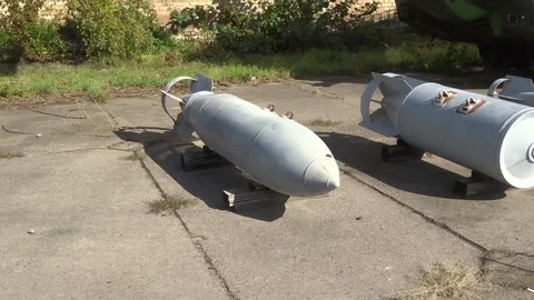 Air force base : Bombs and rocket containers for aircraft of the USSR and Russia Stock Footage 123538637