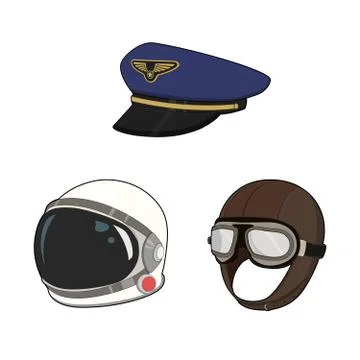 Air force hat set. Pilot cap and vintage hat, astronaut space suit helmet Stock Illustration