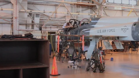 Air Force Mechanics Work On T-38 Talon Fighter Jet 01 Stock Footage 127995075