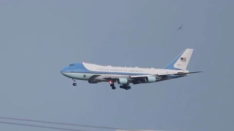 Air Force One, the iconic Boeing VC-25, landing at Calgary International Stock Footage 311367920
