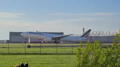 Air France airplane take-off Montreal Canada airport Boeing 777 passenger plane Stock Footage 302363454