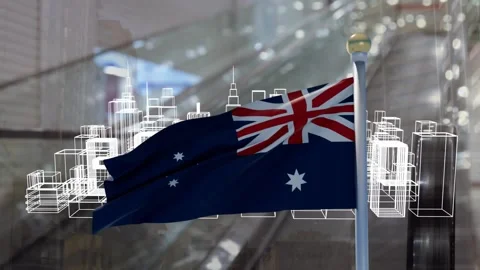 Air gust starting, Aussie flag fluttering and folding over wireframe skyline, Stock Footage 338356377