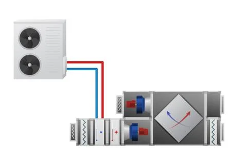 Air handler with heating, cooling unit, recuperator and conditioner. Stock Illustration