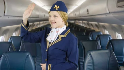 Air hostess waves goodbye to passengers on an airliner as they leave. The Stock Footage