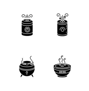 Air humidifiers, oil diffusers black glyph icons set on white space Illustration