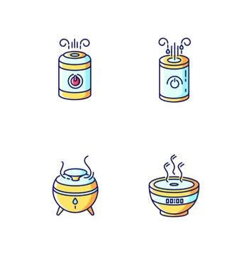 Air humidifiers, oil diffusers blue, yellow and red RGB color icons set Illustration