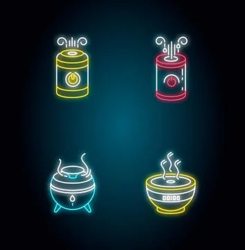 Air humidifiers, oil diffusers neon light icons set. Minimalistic air purifiers Illustration