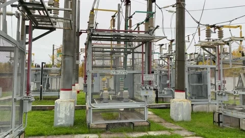 Air insulated substation, background, cable, cold, construction, danger, distrib Stock Footage 139537551